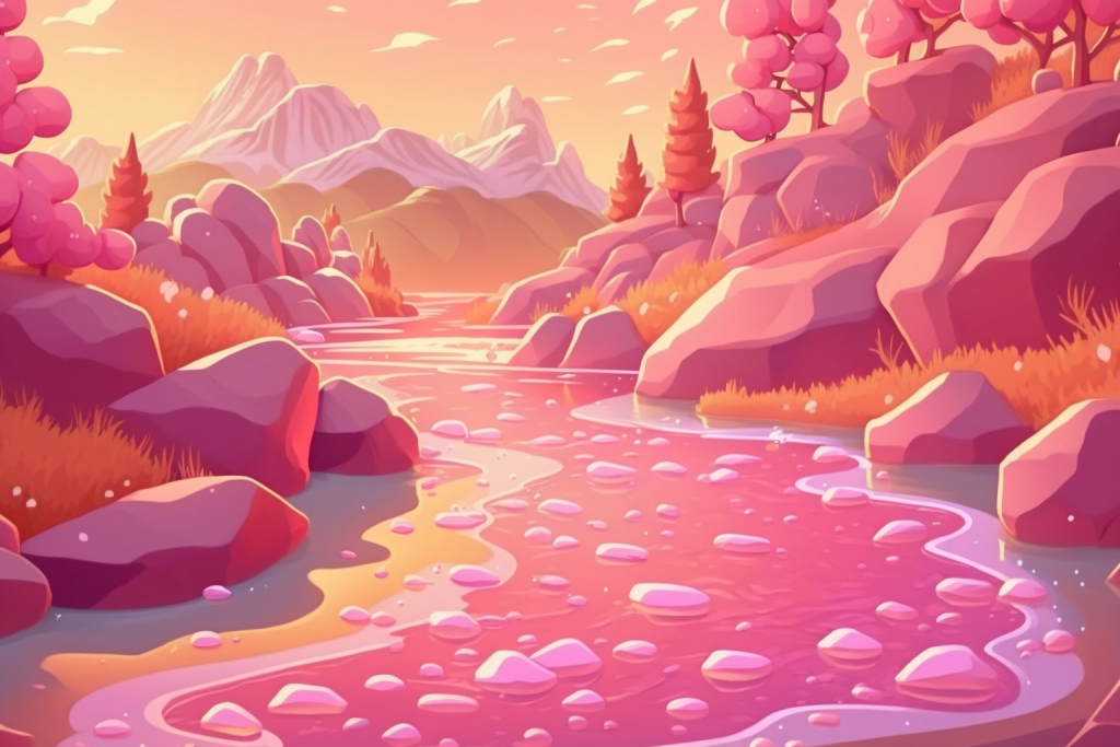 Pink lemonade river in a pink forest.