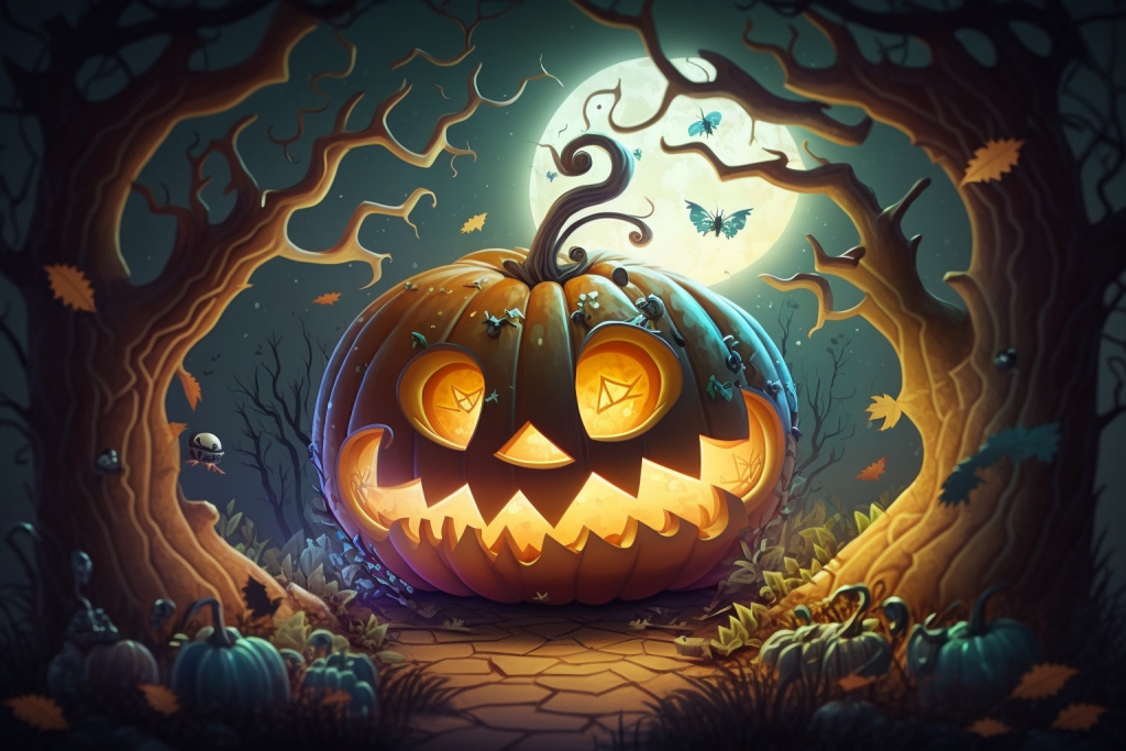 Beautiful magical Halloween pumpkin Pippin in a forest.