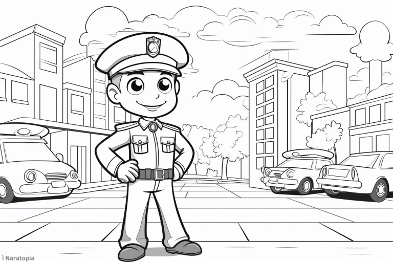 Coloring page of a police officer in a city.