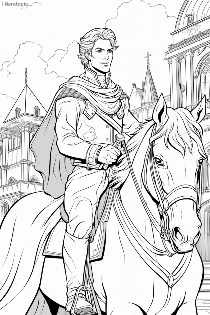 Coloring page of a prince on a horse.
