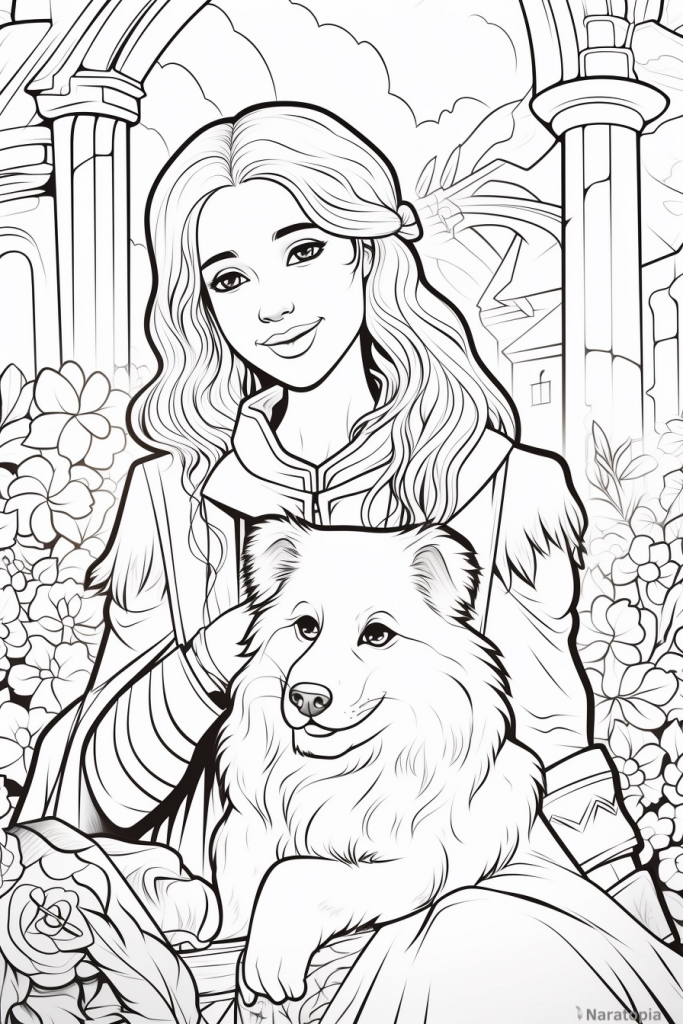 Coloring page of a princess with her dog.