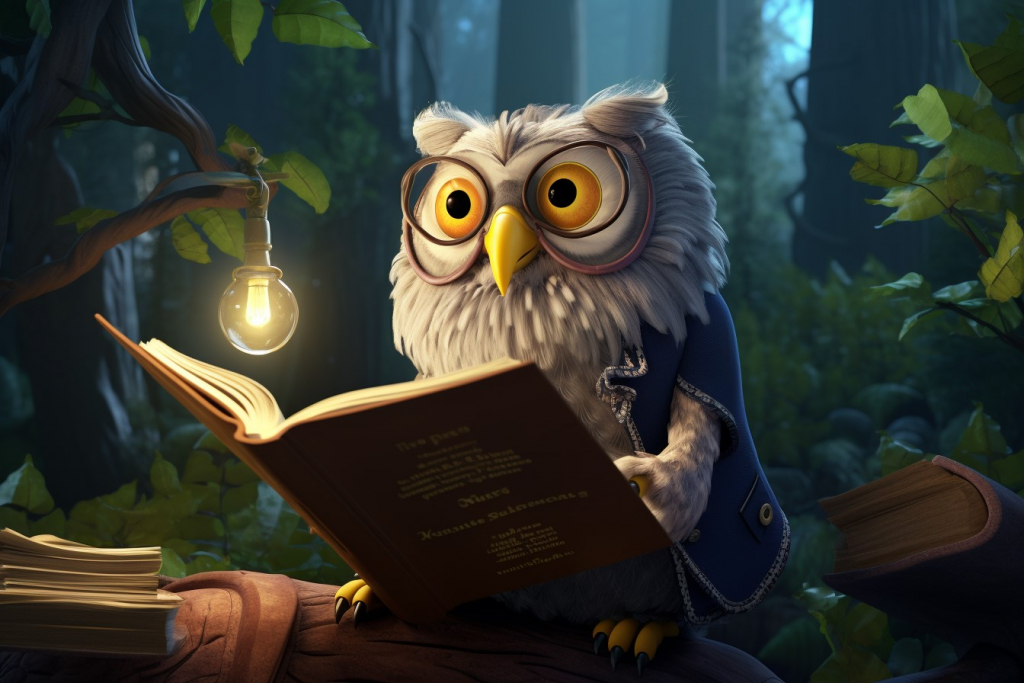 Cartoon owl reading a book while wearing eyeglasses.