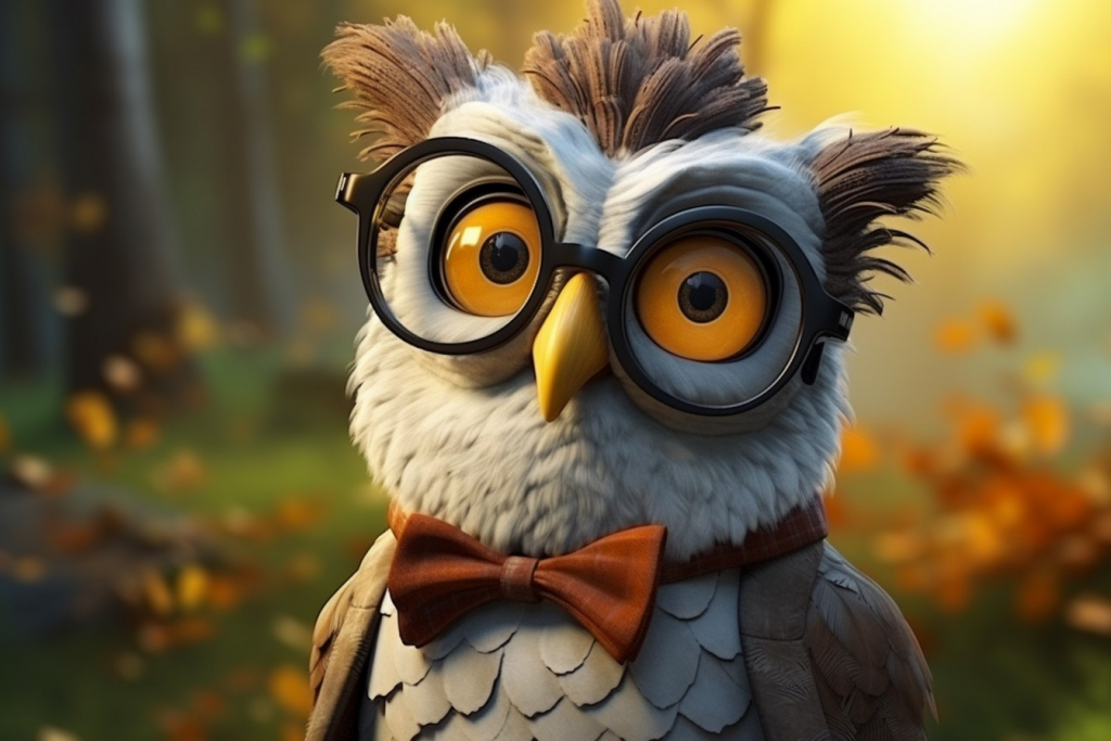 Cartoon owl with eyeglasses and a bow tie in a forest.