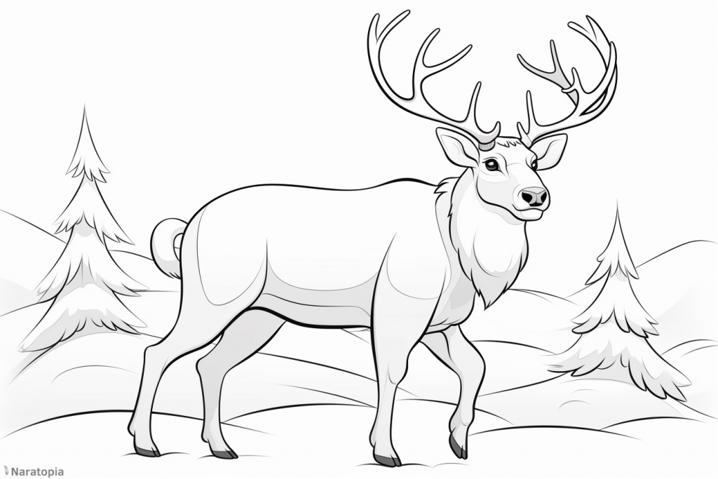Coloring page of a reindeer in a forest.