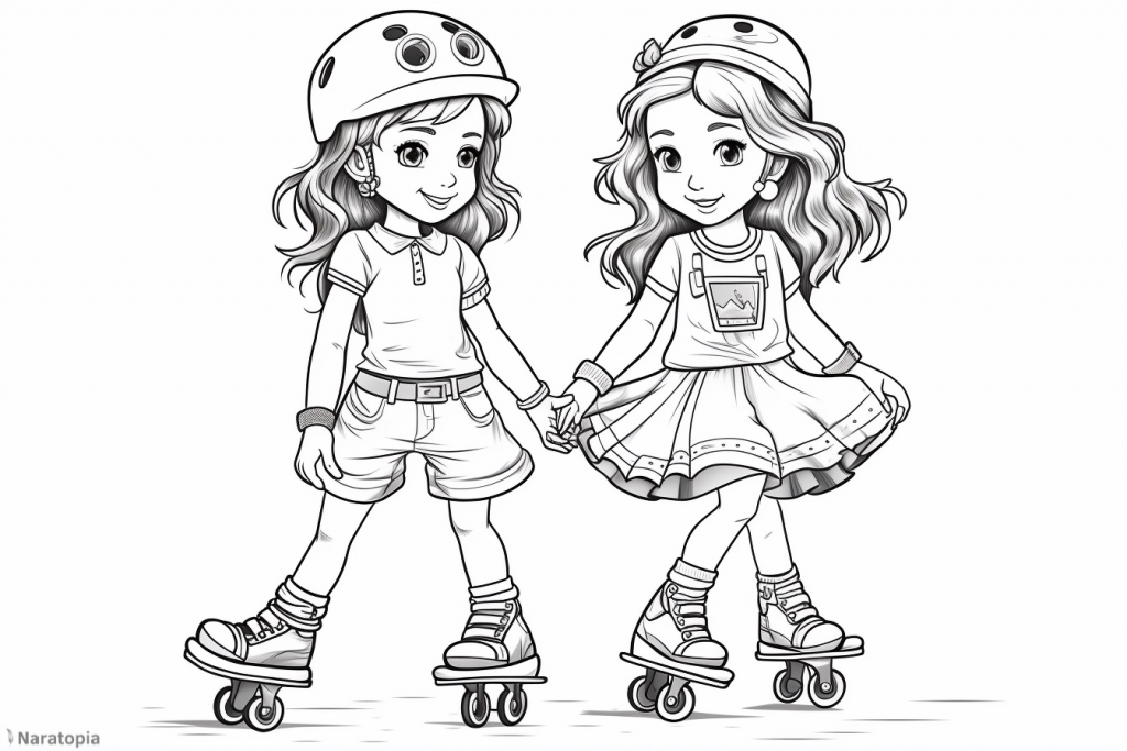 Coloring page of two girls roller skating.