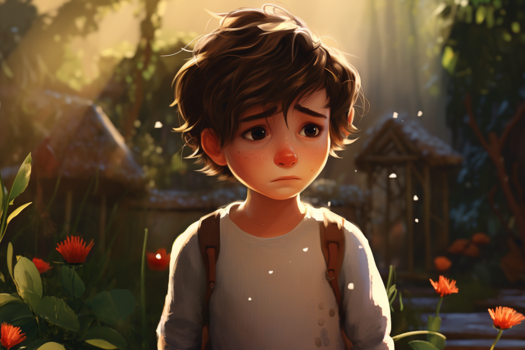 alt="Little boy with a sad expression standing in the garden.