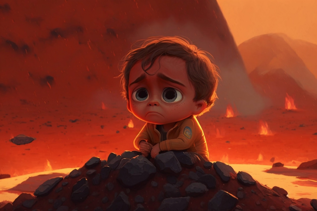 Very sad young boy Max sitting on top of a volcano.