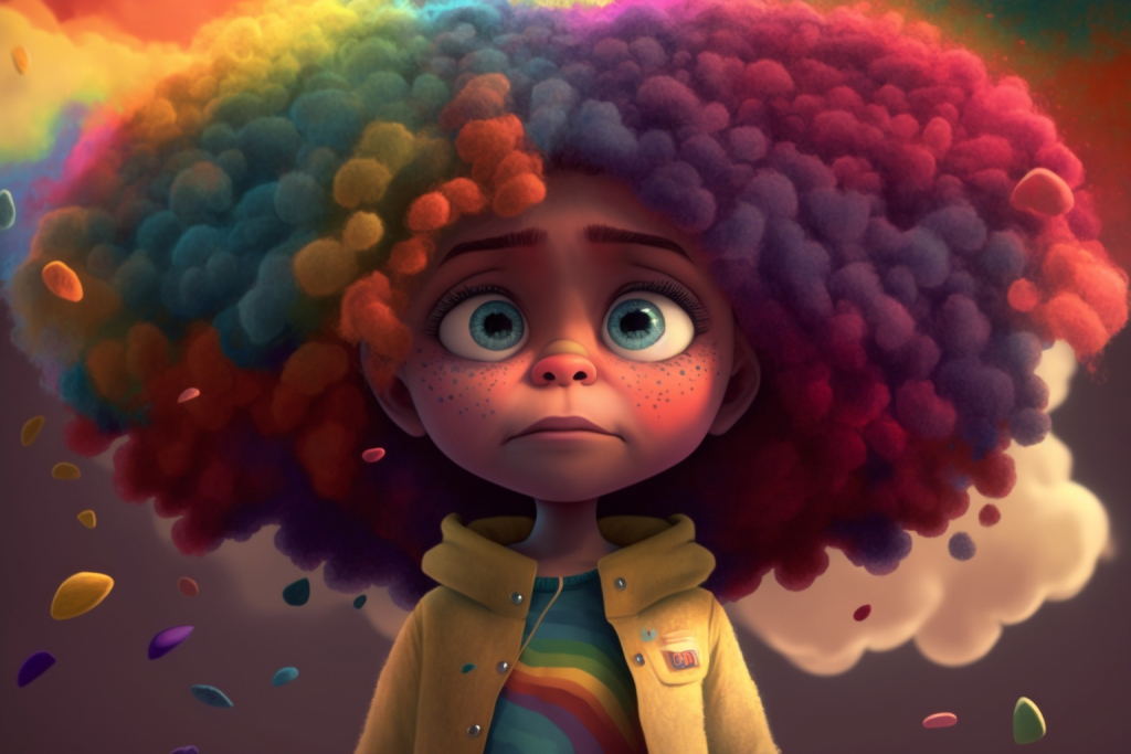 Sad girl Emelia with rainbow colored hair and blue eyes.