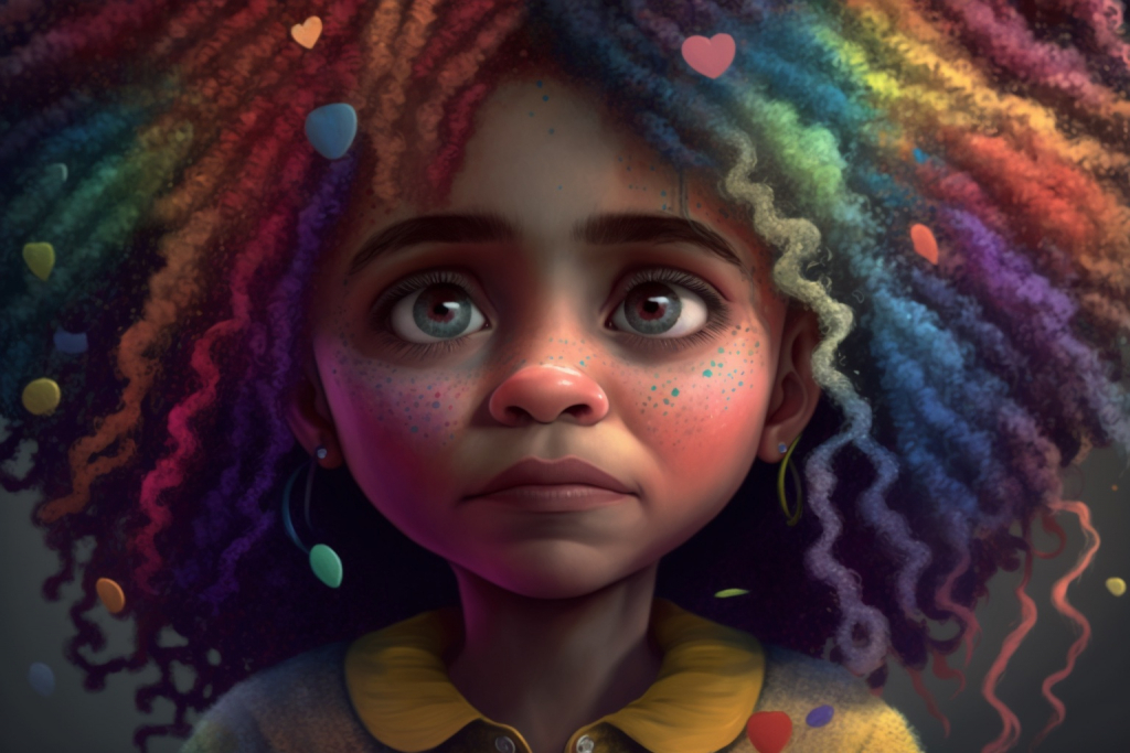 Sad and scared girl with rainbow colored curly hair.