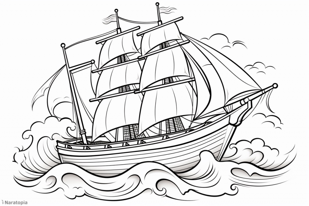 Coloring page of a sailing ship.