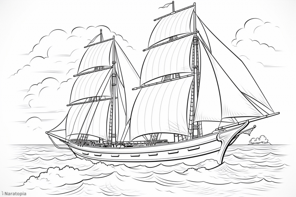 Coloring page of a sailing ship.