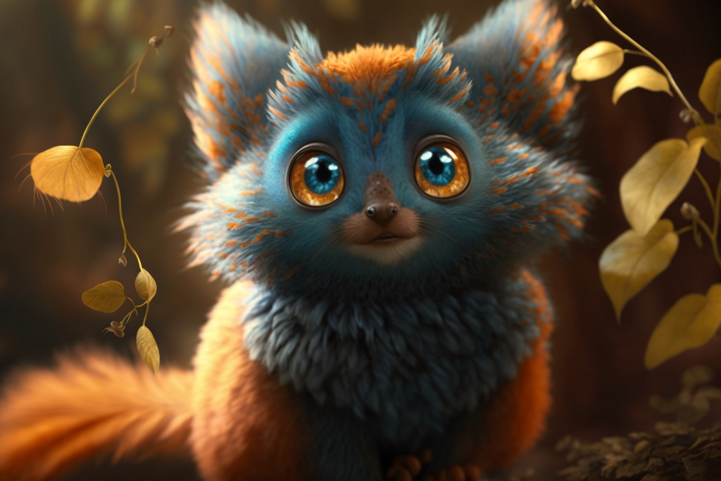 Scared fox-like creature with orange and blue fur called Flicker.