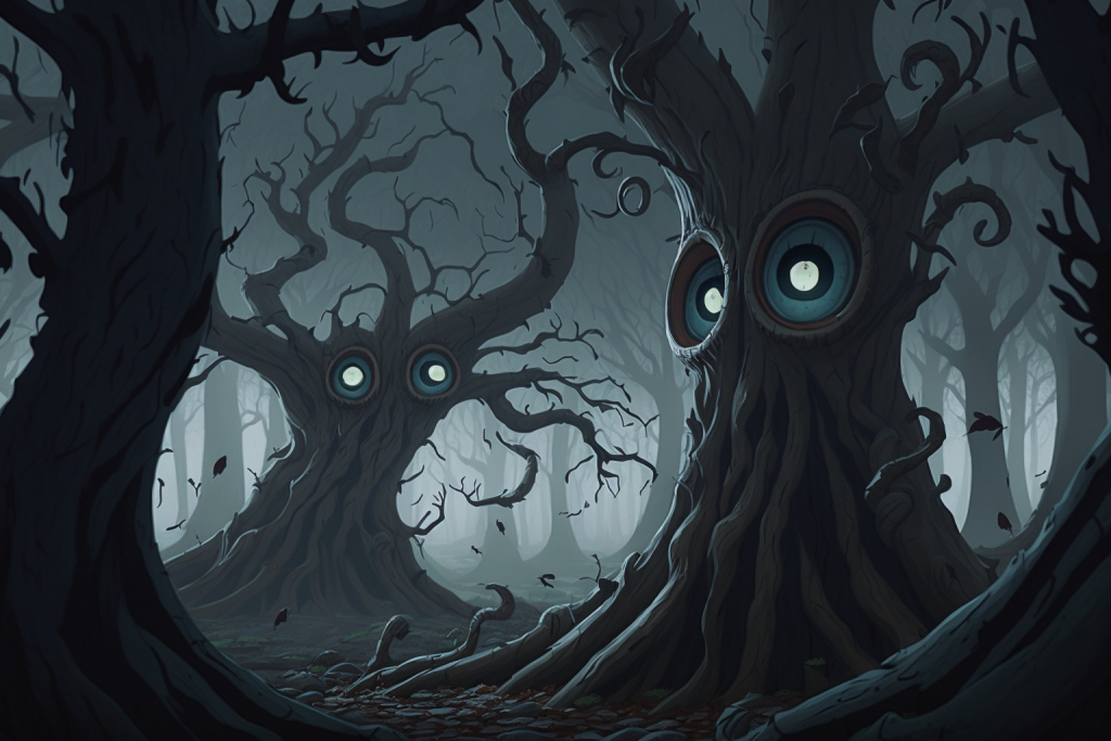 Scary trees with eyes in a dark and gloomy forest.