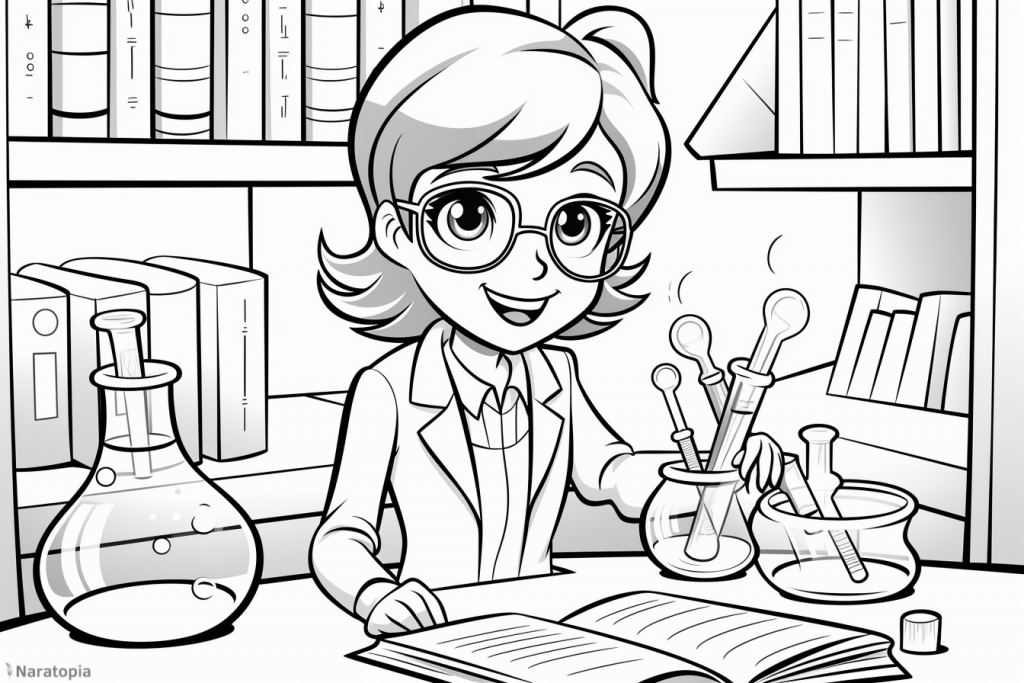 Coloring page of a girl scientist in a lab.