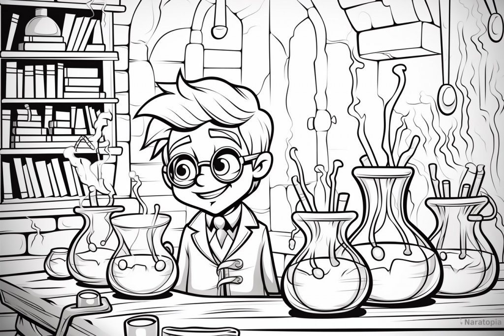Coloring page of a scientist in a lab.