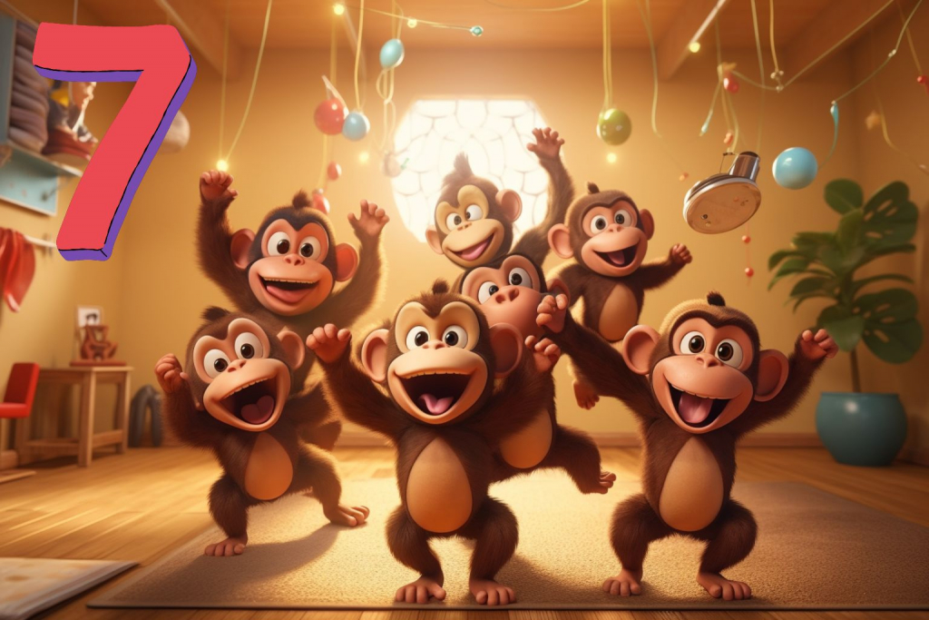 Seven cartoon monkeys dancing in a room.