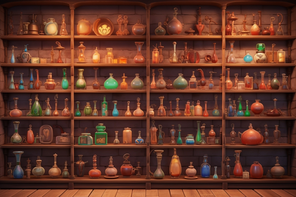 Shelf with many different potions and artifacts.