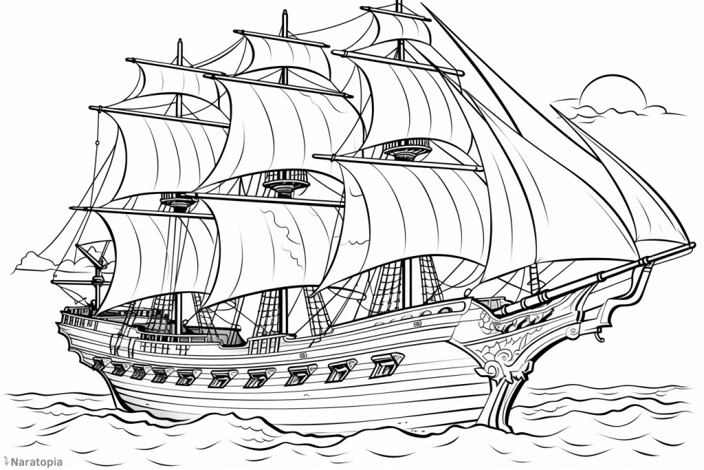 Coloring page of a sailing ship.