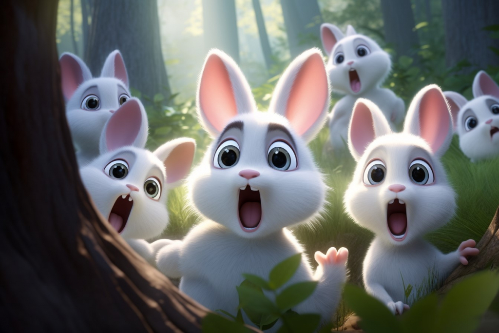 Many white cartoon rabits with big ears and shocked face expressions.