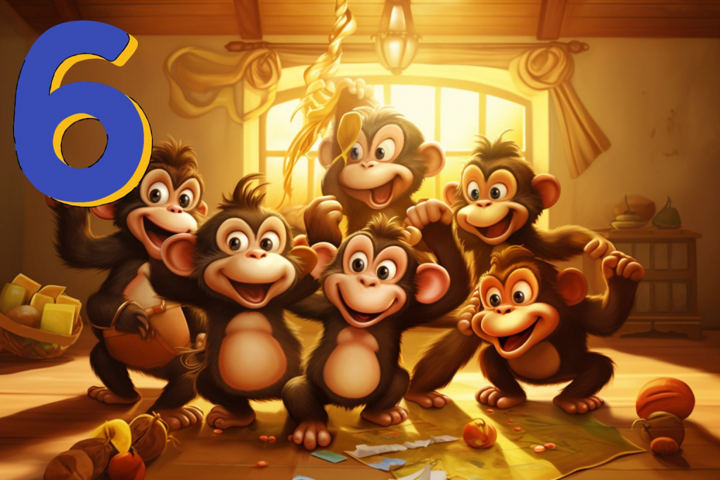 Six cartoon monkeys dancing in a room.