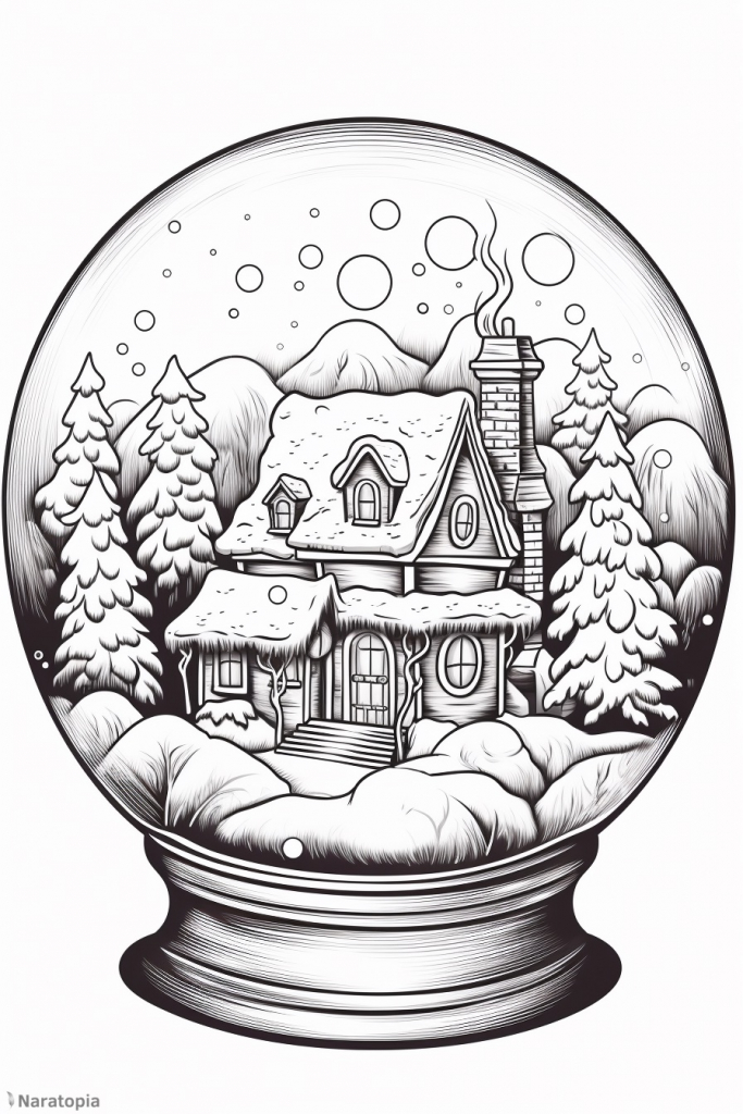Coloring page of a house in winter in a snowglobe.