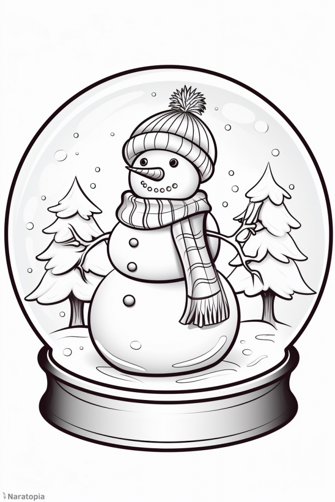 Coloring page of a snowman in a snowglobe.