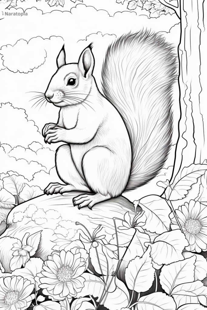 Coloring page of a squirrel.