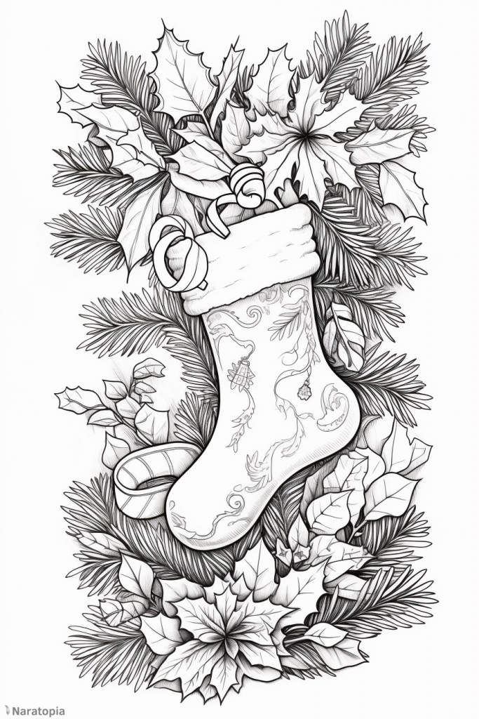 Coloring page of a Christmas stocking.
