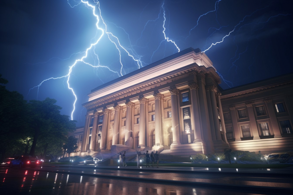 Multiple lightning bolts during a stormy night above a museum in New York.
