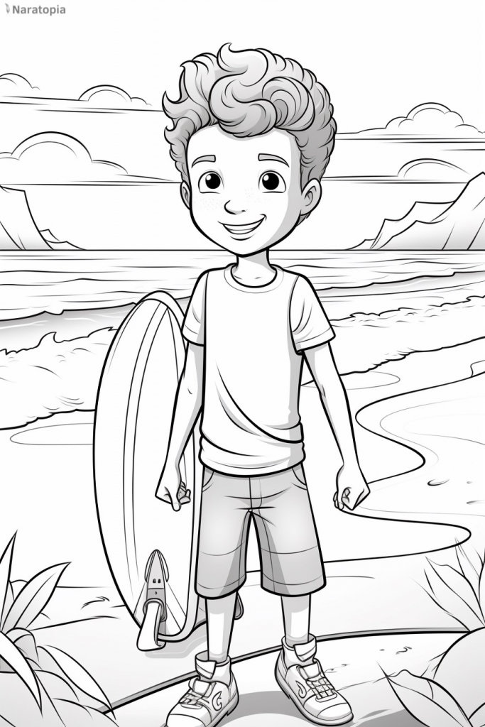 Coloring page of a surfer.