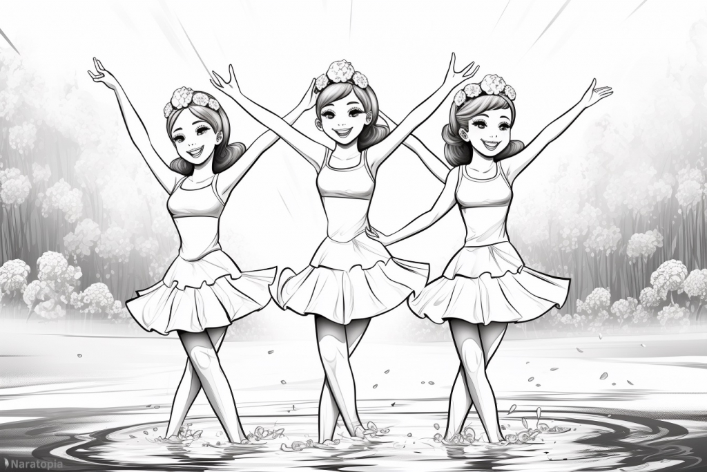 Coloring page of girls doing synchronized swimming.