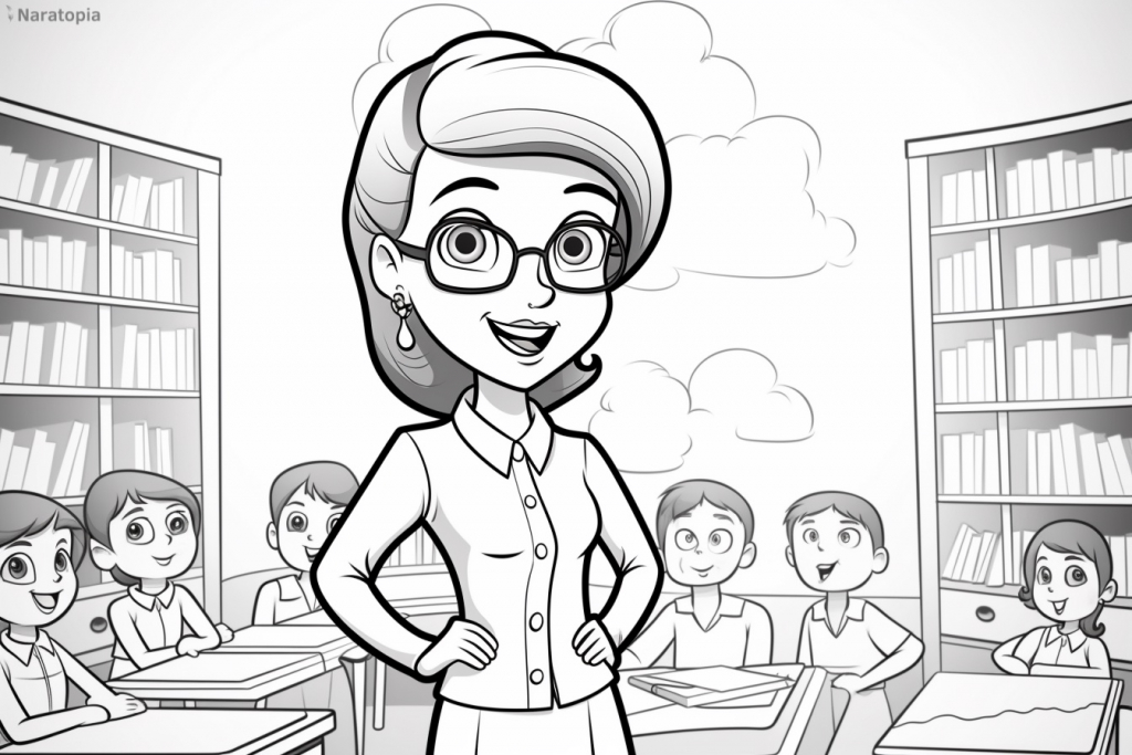 Coloring page of a female teacher in a classroom.