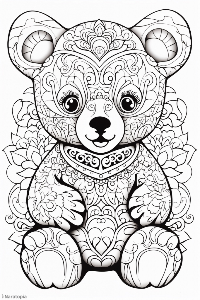 Coloring page of a teddy bear.