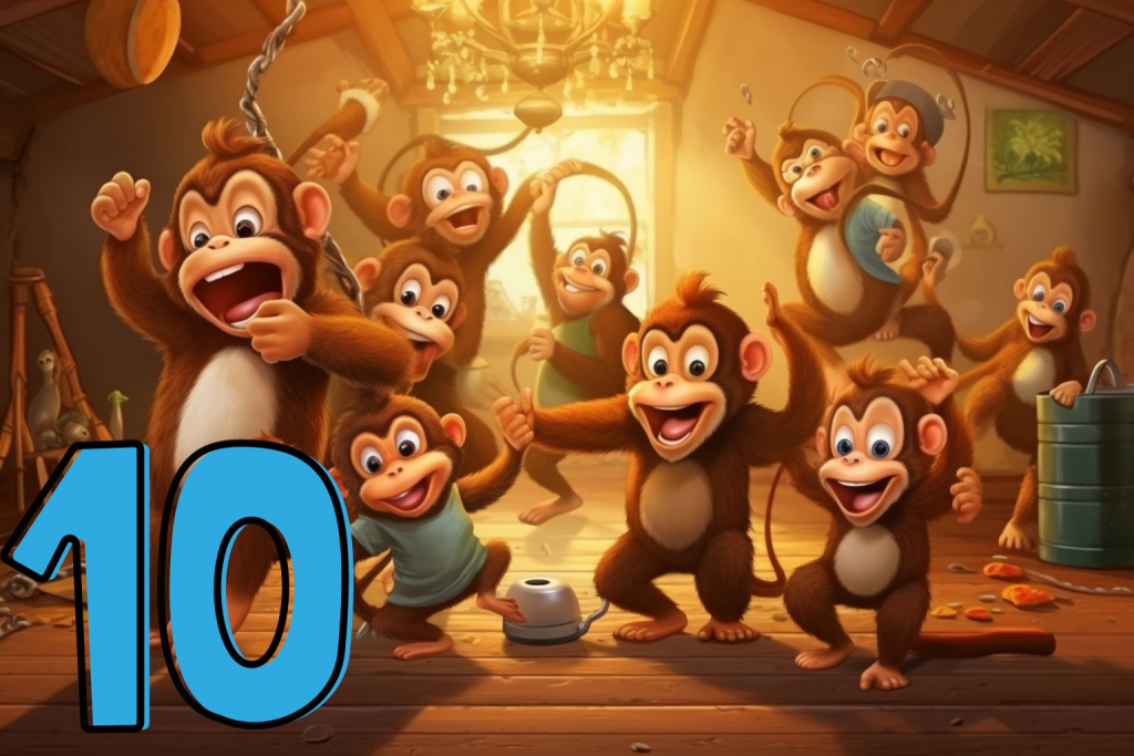 Ten cartoon monkeys dancing in a room.