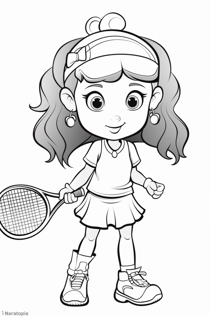 Coloring page of a girl playing tennis.