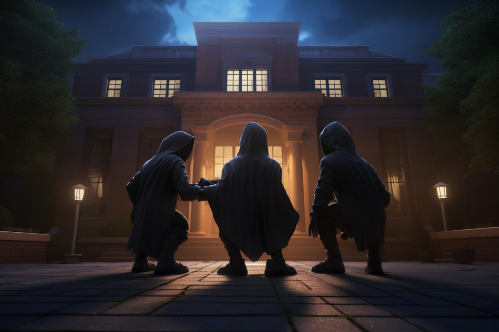 Three hooded thieves snooping around a museum at night.