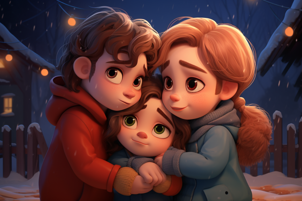 Three cartoon kids huging together.