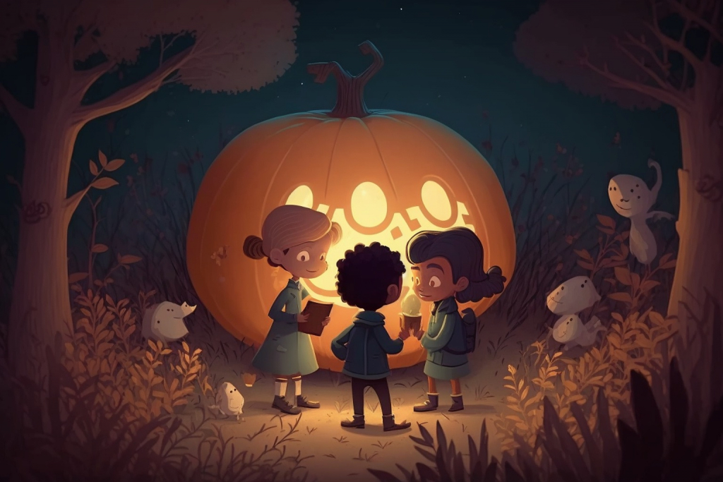 Three young kids standing next to a big Halloween pumpkin.