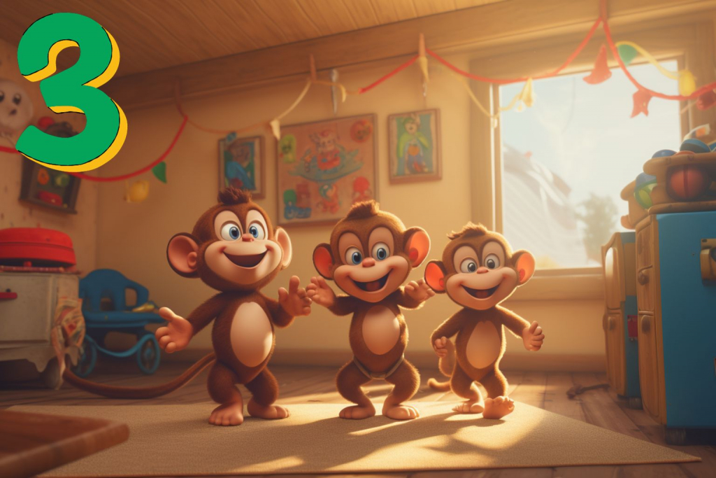 Three cartoon monkeys dancing in a room.