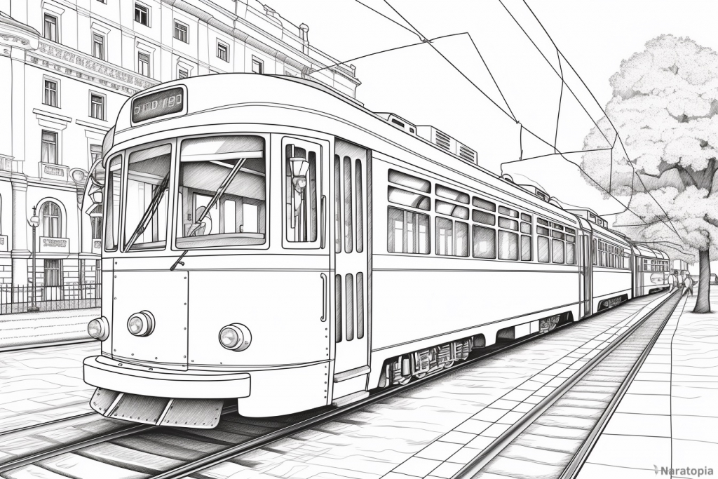 Coloring page of a tram in a city.