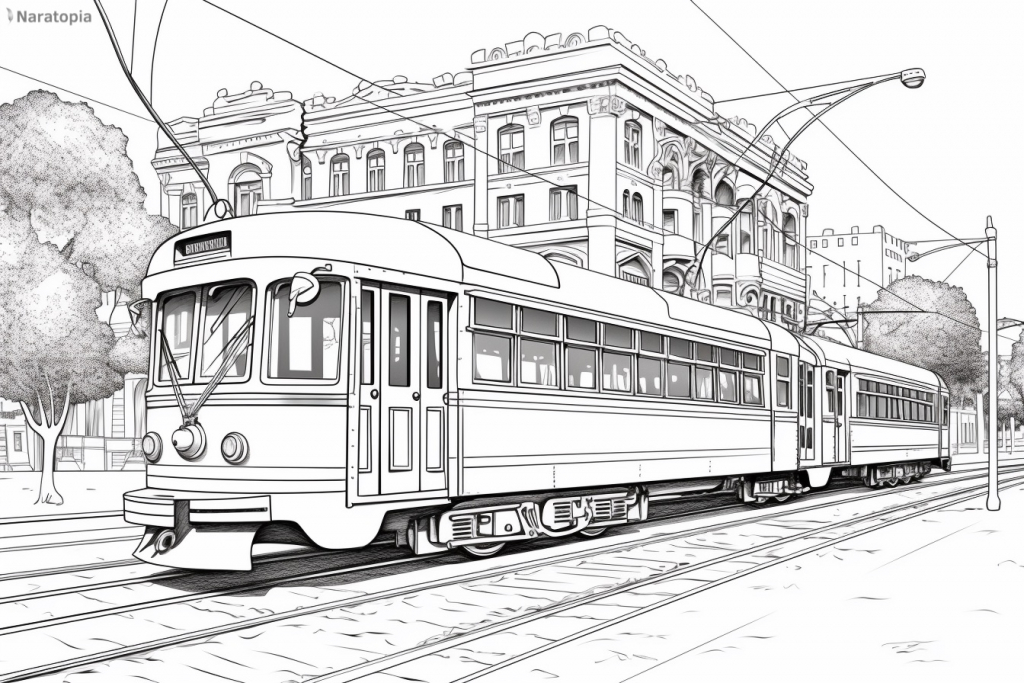 Coloring page of a tram in a city.