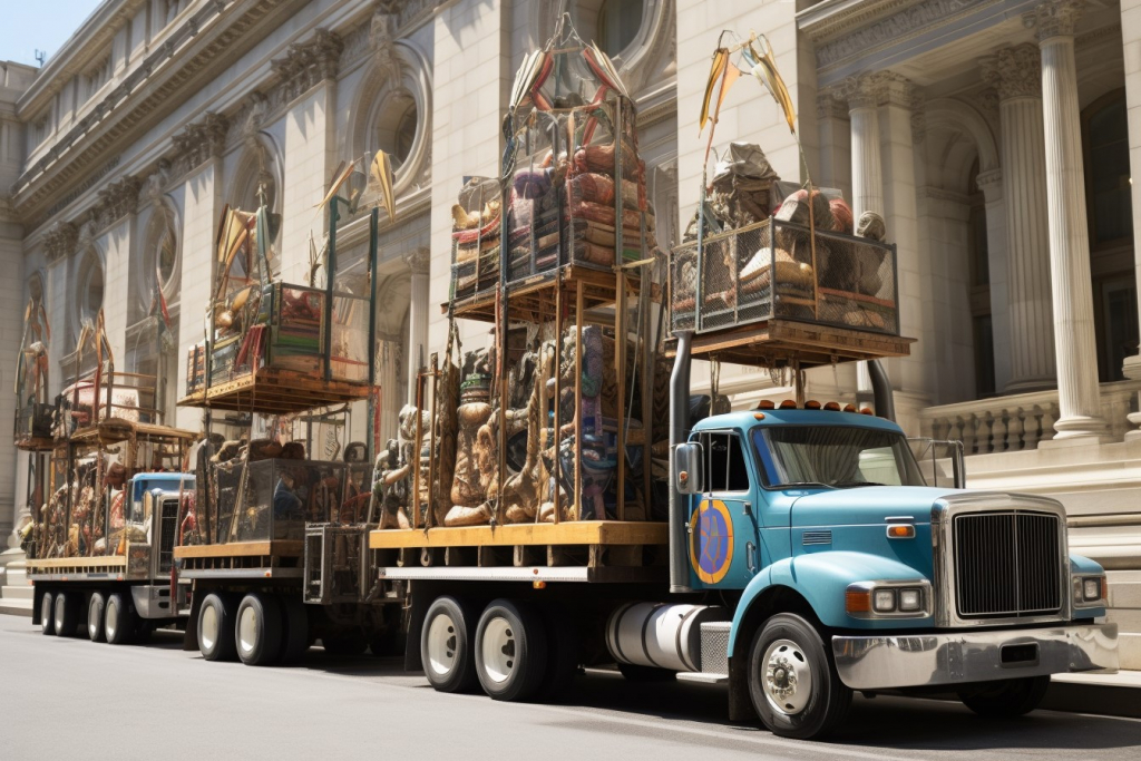 Huge truck loaded with Egyptian artifacts in front of a museum in NYC.