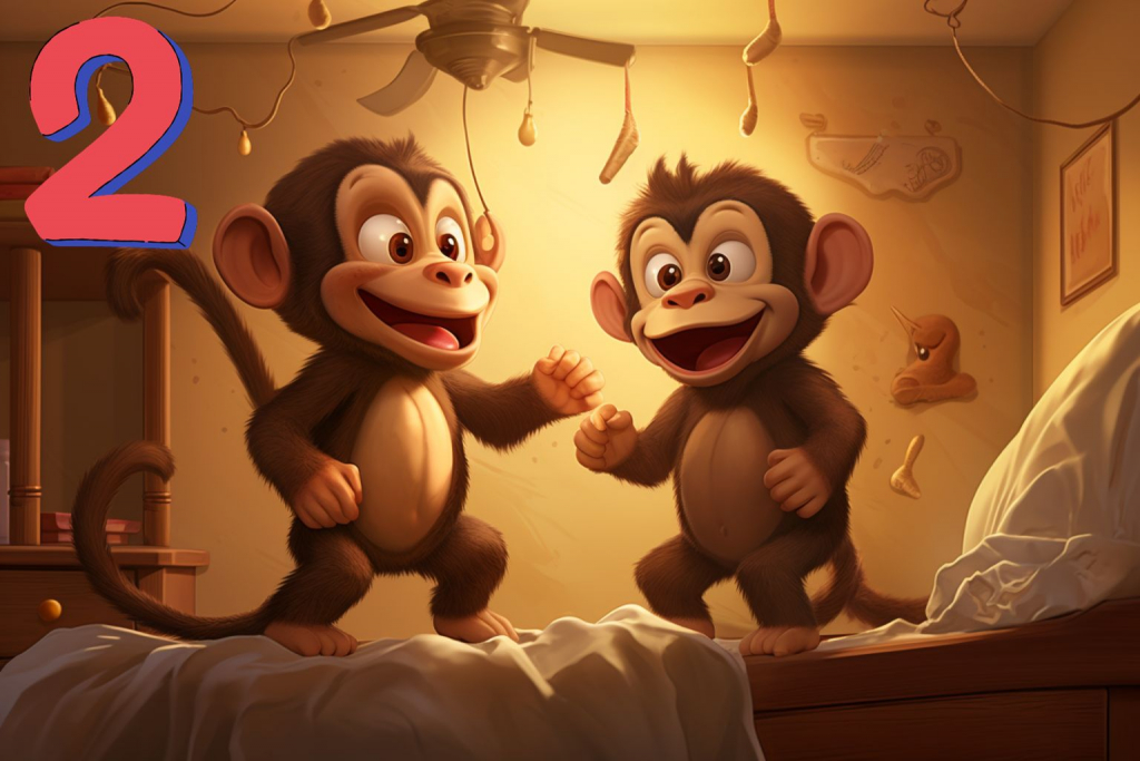 Two cartoon monkeys jumping on the bed in a child's room.