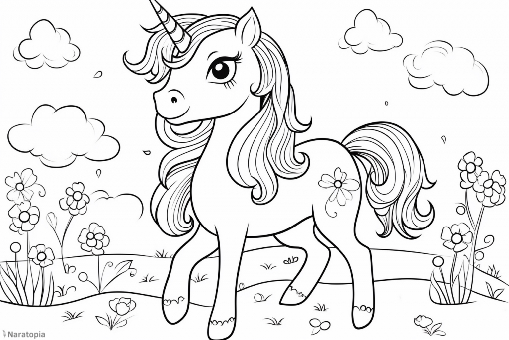Coloring page of a cute unicorn.