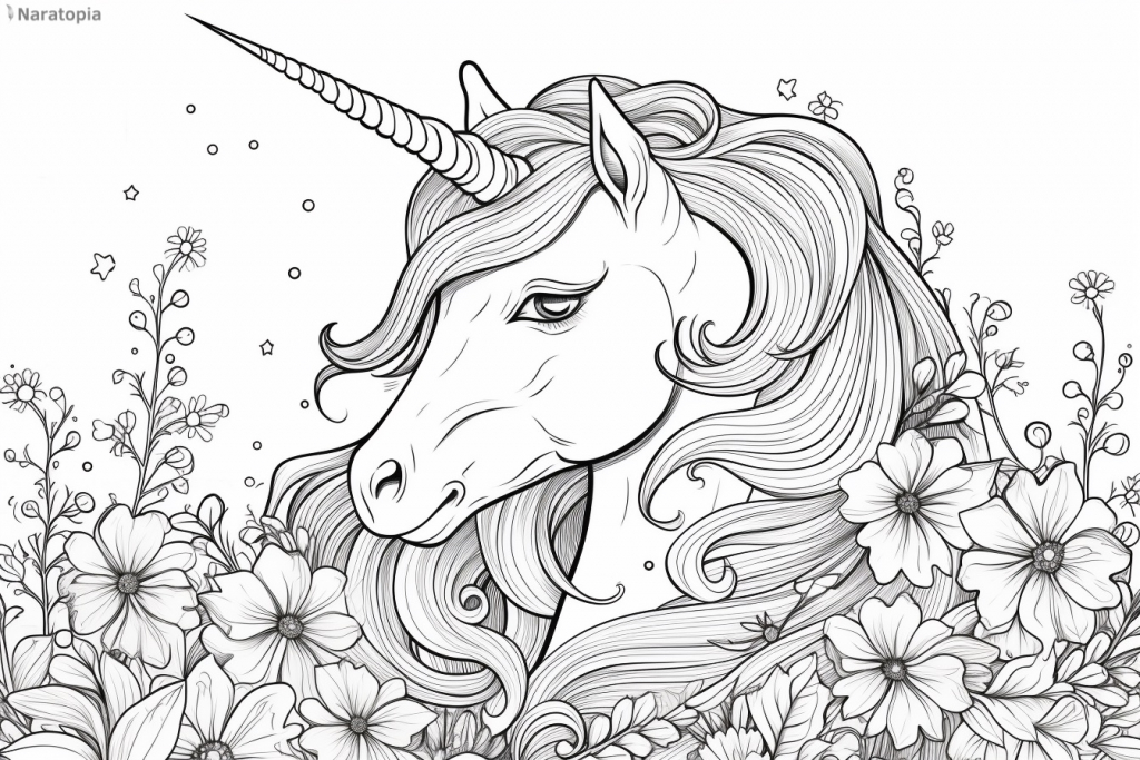 Coloring page of a unicorn and flowers.