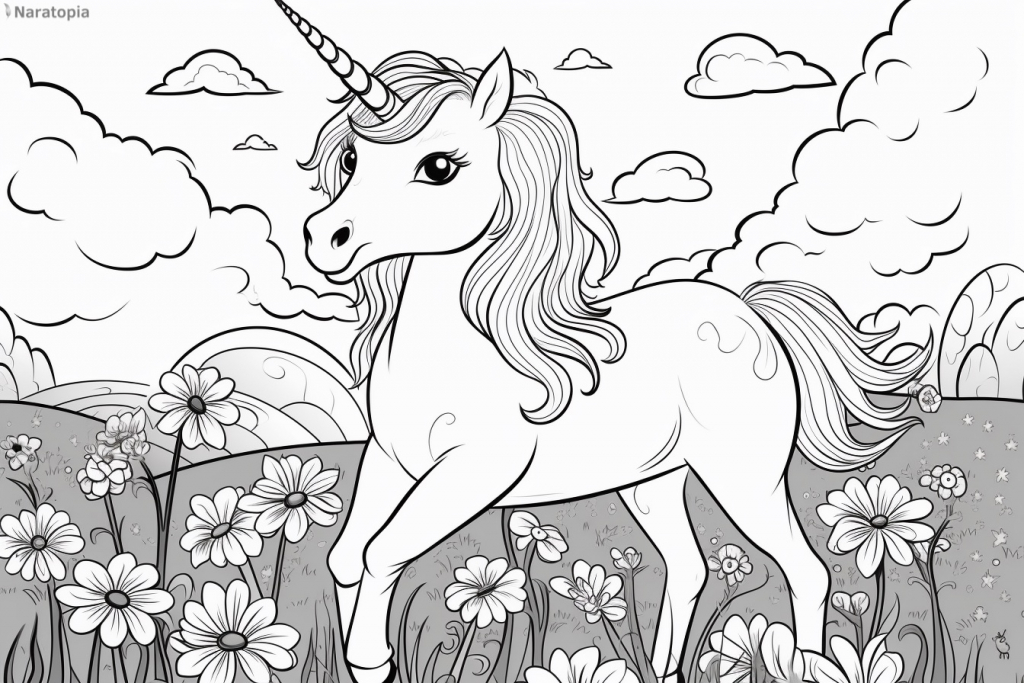 Coloring page of a unicorn in a meadow.