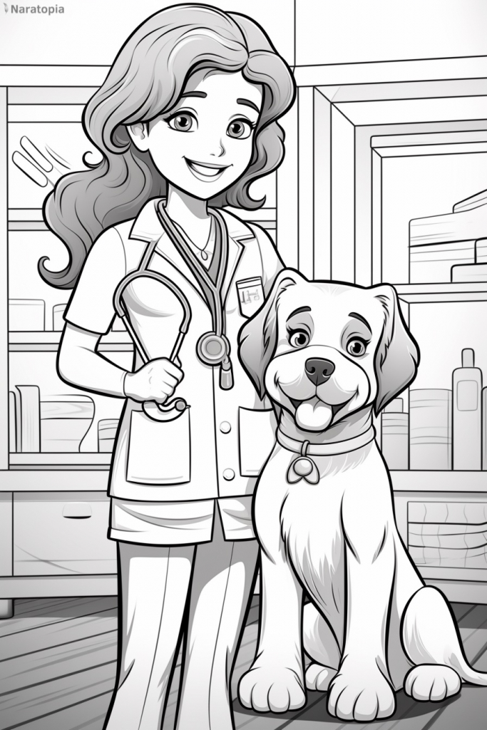 Coloring page of a female veterinarian with a dog.