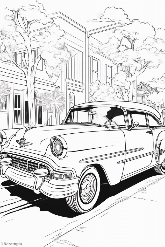 Coloring page of a vintage car parked on a street.