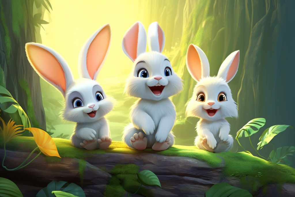 Three white cartoon rabits with big ears and happy facies.