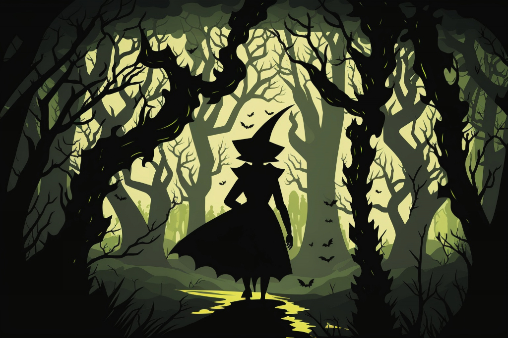 Shadow of a wicked witch in a dark forest.